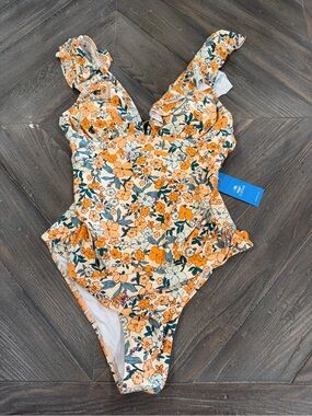 Cupshe Orange Floral Ruffle One-Piece Swimsuit